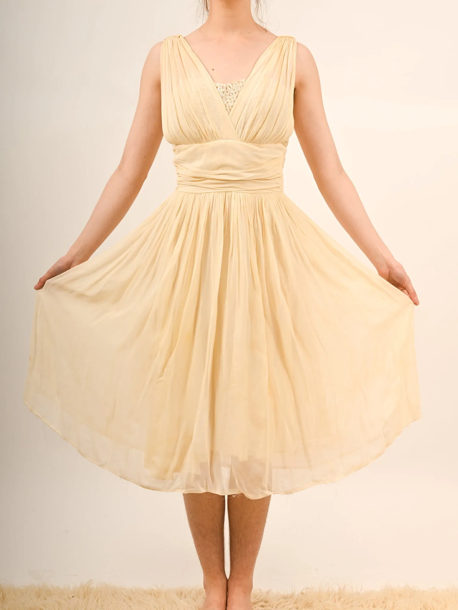 1950s White Chiffon Party Dress with Sequin Bodice