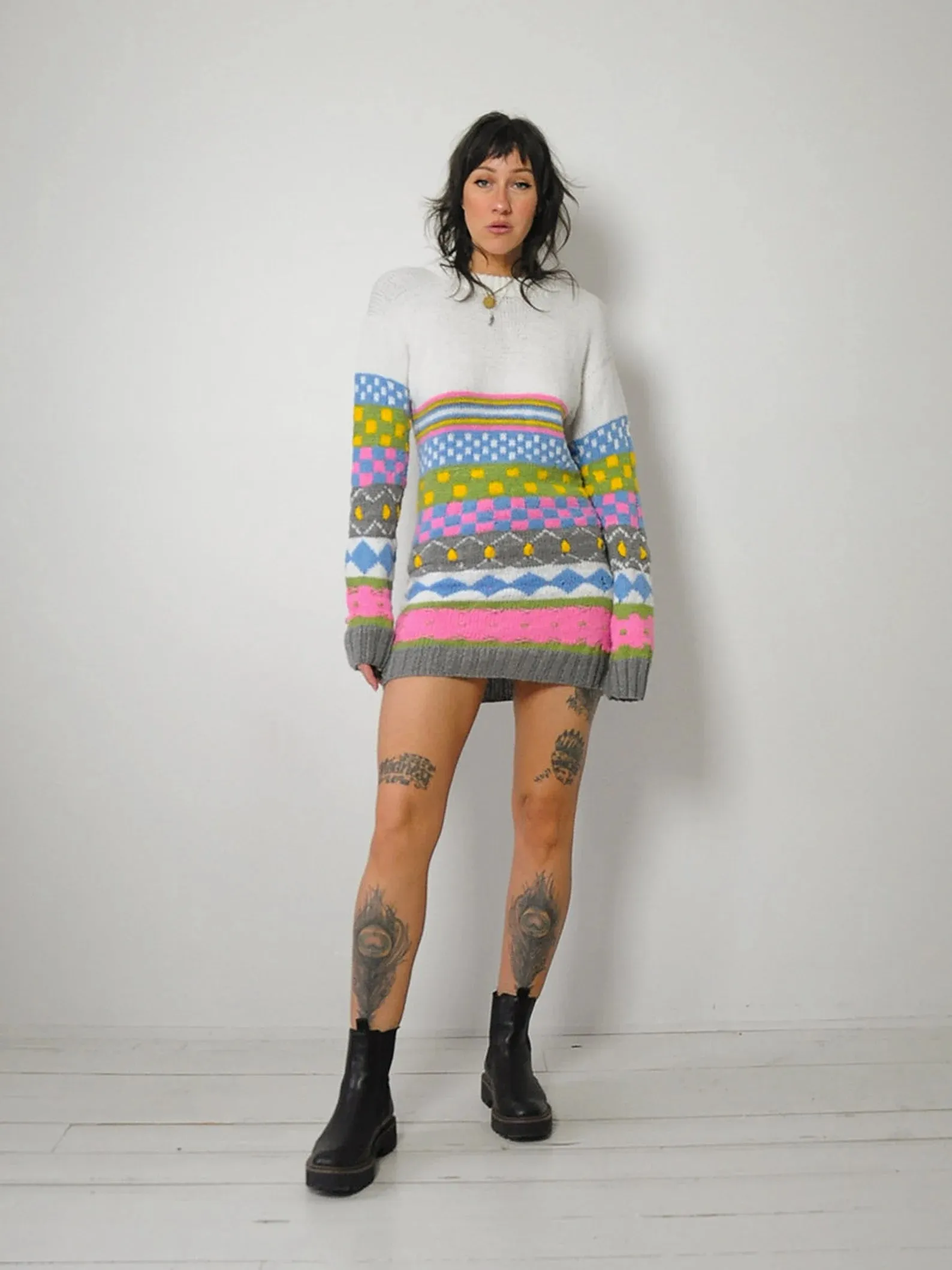 1980's Checkered   Stripe Sweater Dress