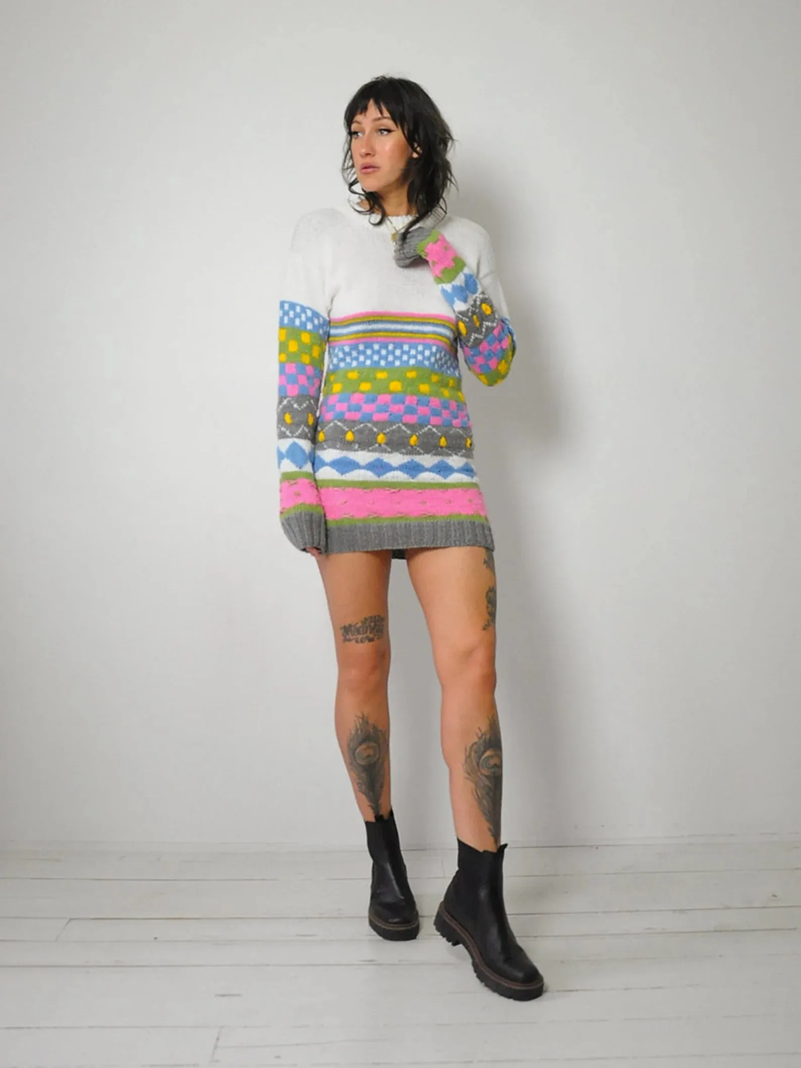 1980's Checkered   Stripe Sweater Dress