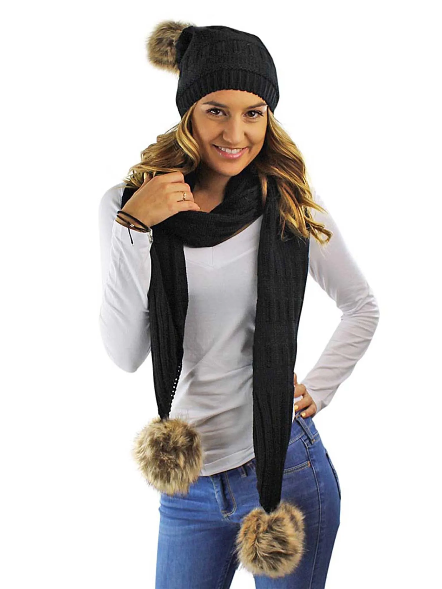 2-Piece Knit Slouchy Beanie Hat & Scarf Set With Fur Pom Poms