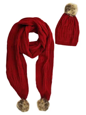 2-Piece Knit Slouchy Beanie Hat & Scarf Set With Fur Pom Poms