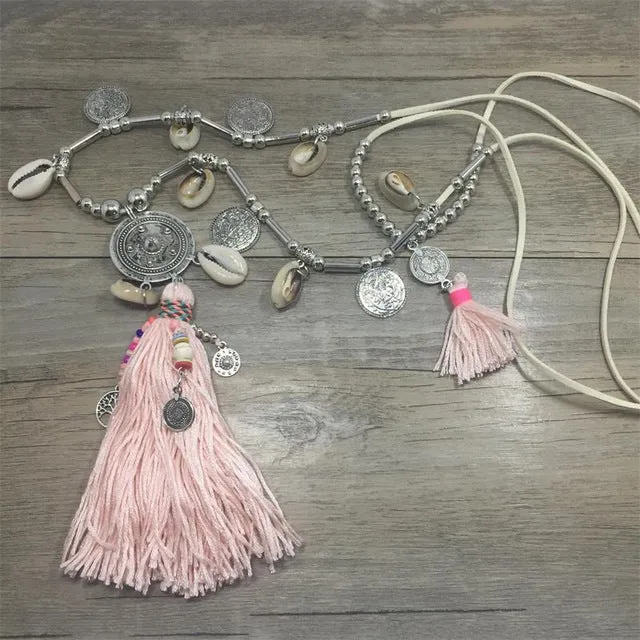 2017 Double Layer Bohemian Long String Chain Necklace Shell Bead Alloy Tassel Pendants Necklace For Women Boho Jewelry