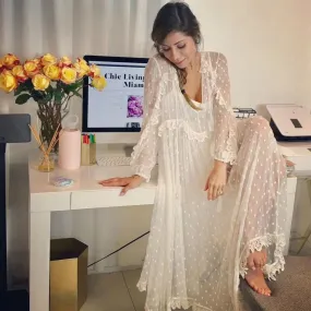 2020 Summer Designer Dress Women White Two Pieces Silk Lace Dot Long Dress Ladies V-neck Long Sleeve Transparent Bohemian Dress