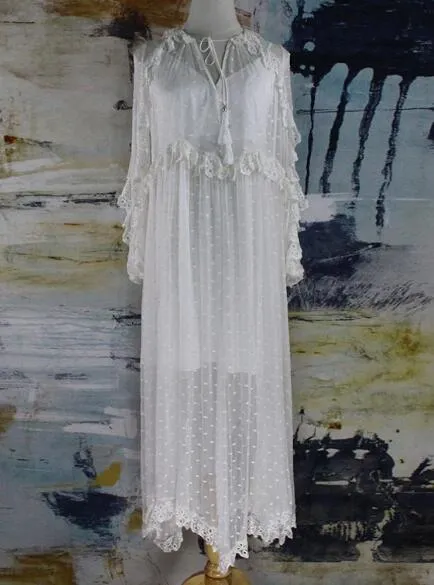 2020 Summer Designer Dress Women White Two Pieces Silk Lace Dot Long Dress Ladies V-neck Long Sleeve Transparent Bohemian Dress