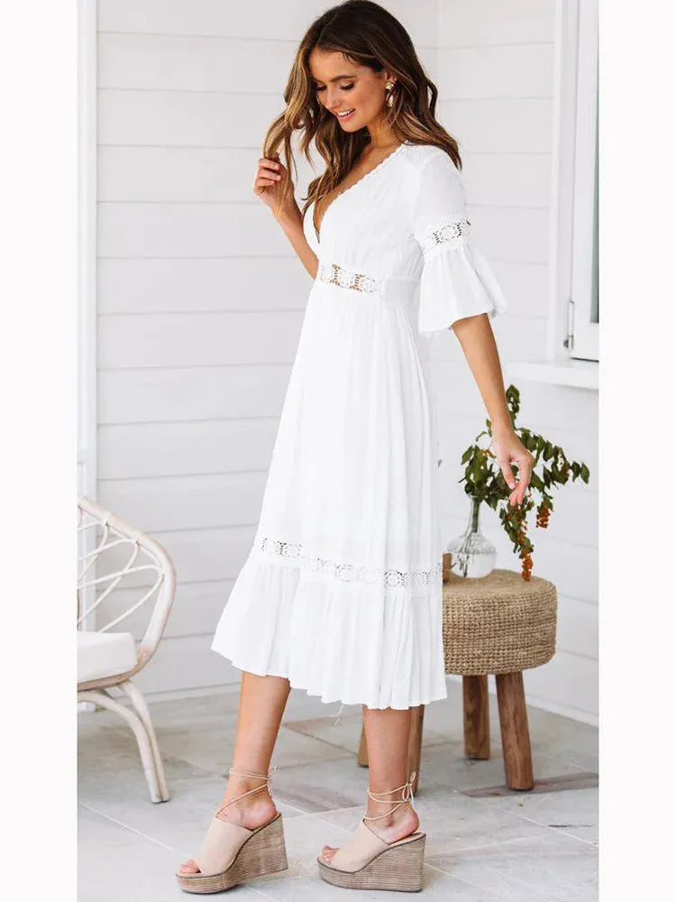 2024 Sexy V Neck Lace Splice Boho Midi Dress