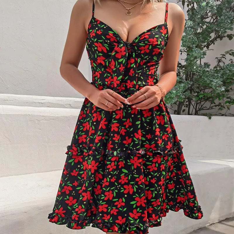 2024Sleeveless Floral Print Cut Out Cami Dress