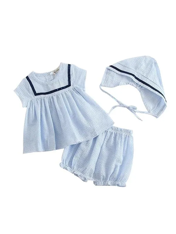 3-Piece Striped Set Top   Shorts   Hat Cotton Short-Sleeve Bloomers