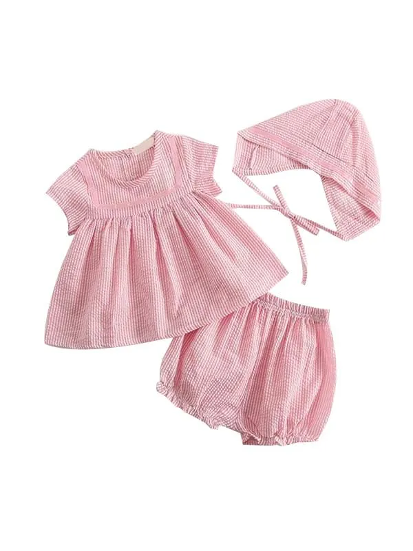 3-Piece Striped Set Top   Shorts   Hat Cotton Short-Sleeve Bloomers