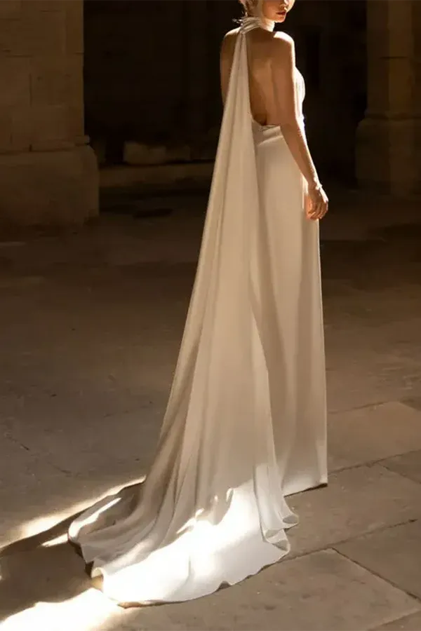 A Line Unique Hanging Neck Sexy Open Back Bohemian Wedding Dress with Sweeping Train