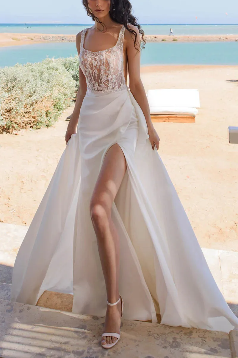 A unique square lace top with side slits and bohemian style wedding dress