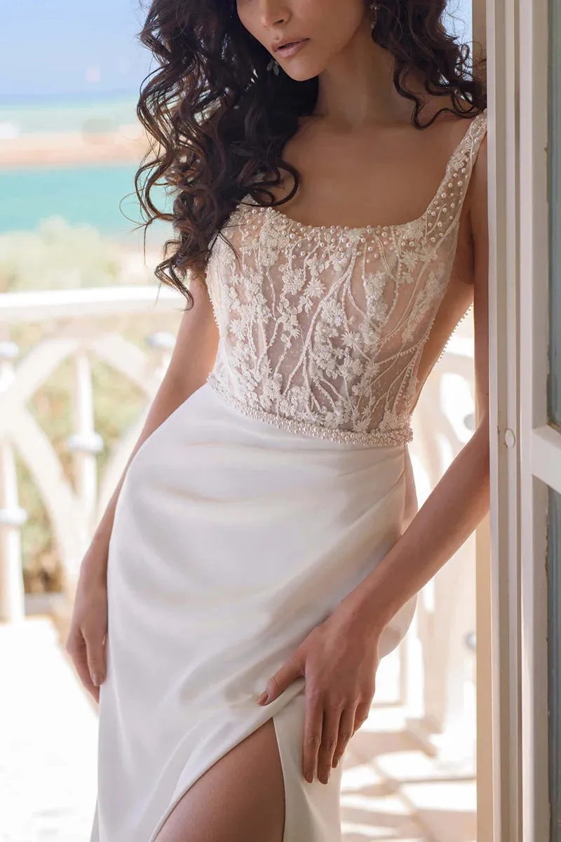 A unique square lace top with side slits and bohemian style wedding dress