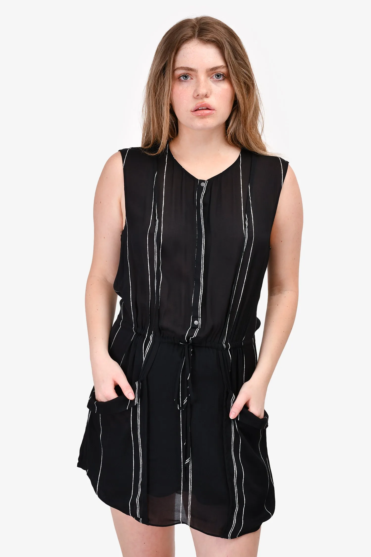 A.L.C Black Silk Sleeveless Striped Drawstring Dress Size M