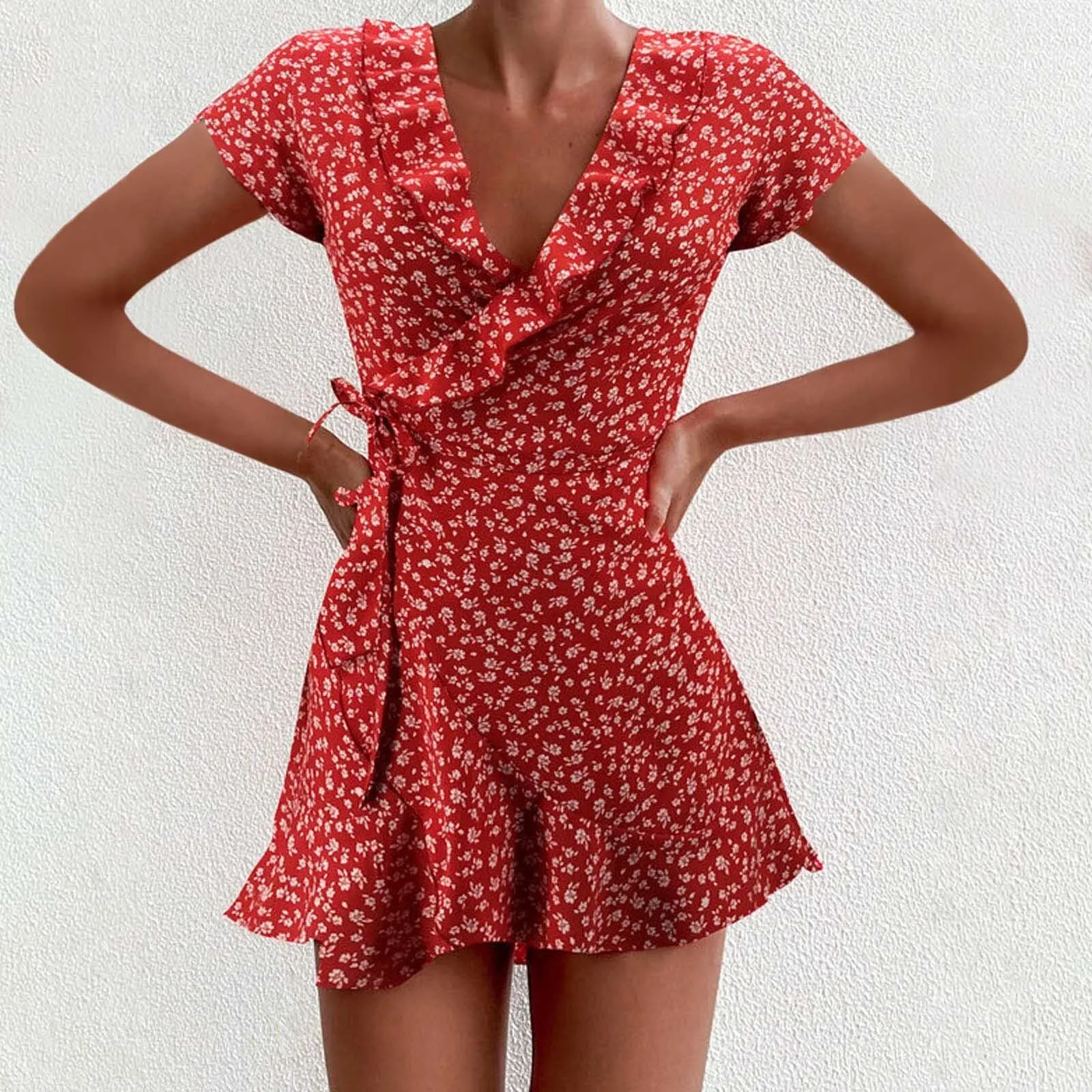 Amozae--hoco dresses    Women Dress Boho Floral Ruffle Short Mini Dress Summer Knot   V-Neck Party Holiday Dress Femme Vestido De Mujer