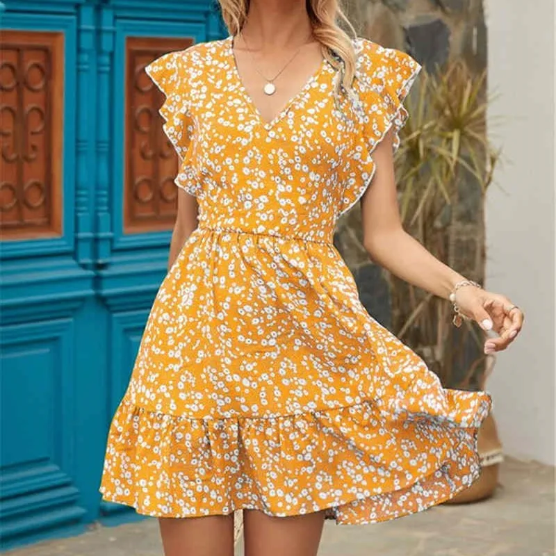 Amozae--hoco dresses    Women Dress Boho Floral Ruffle Short Mini Dress Summer Knot   V-Neck Party Holiday Dress Femme Vestido De Mujer