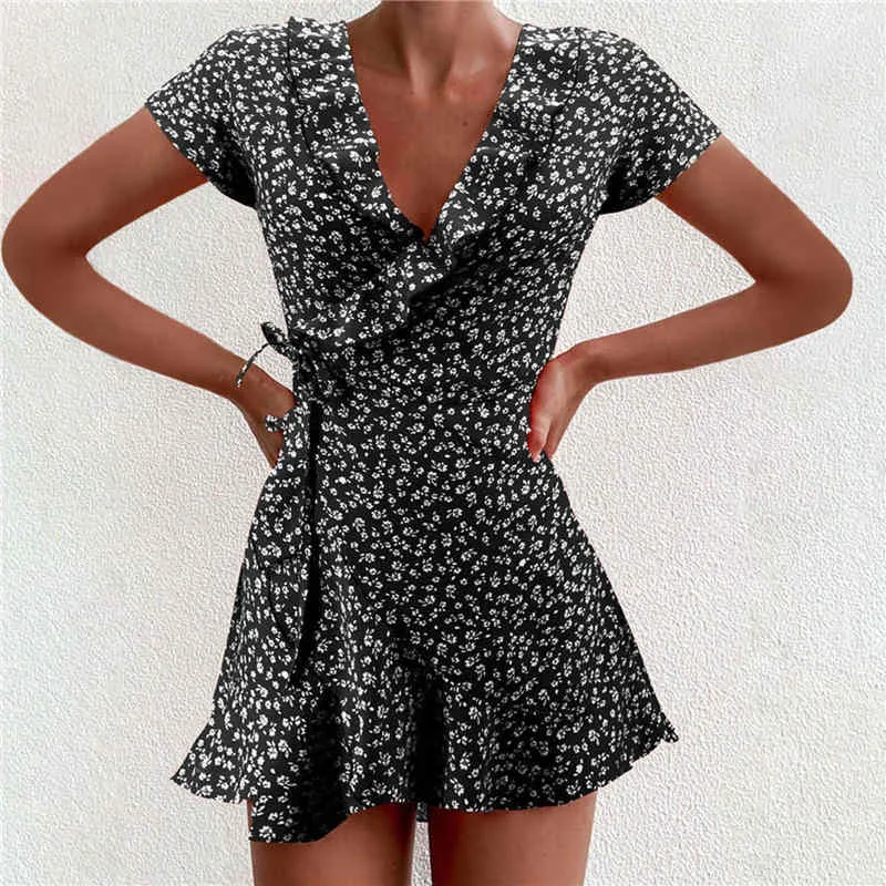 Amozae--hoco dresses    Women Dress Boho Floral Ruffle Short Mini Dress Summer Knot   V-Neck Party Holiday Dress Femme Vestido De Mujer