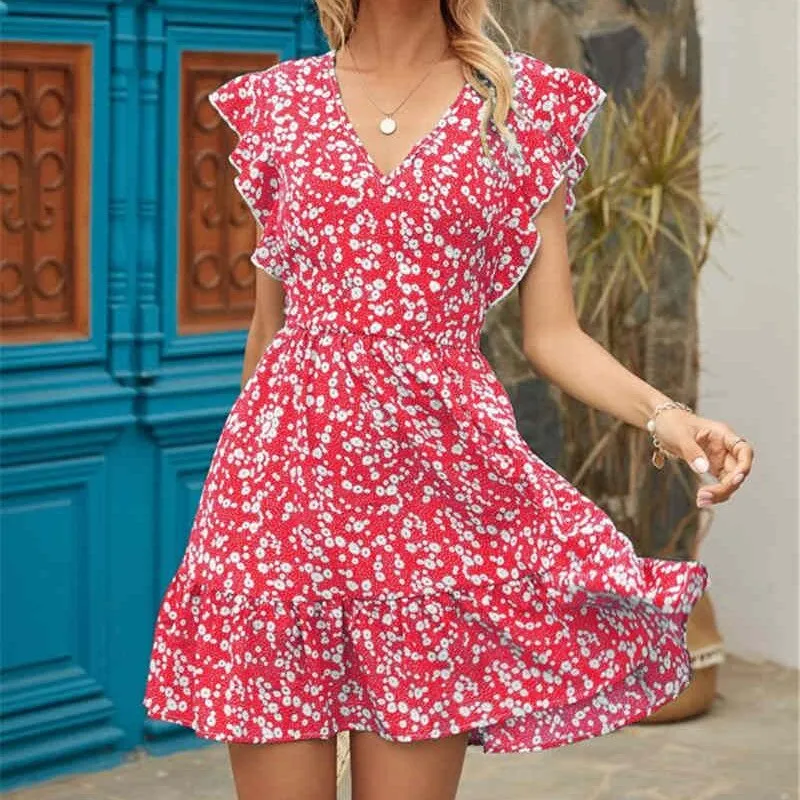 Amozae--hoco dresses    Women Dress Boho Floral Ruffle Short Mini Dress Summer Knot   V-Neck Party Holiday Dress Femme Vestido De Mujer