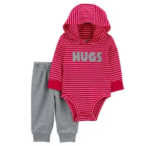 Baby Boy 2-Piece Striped Hugs Hooded Bodysuit Pant Set 1S050310