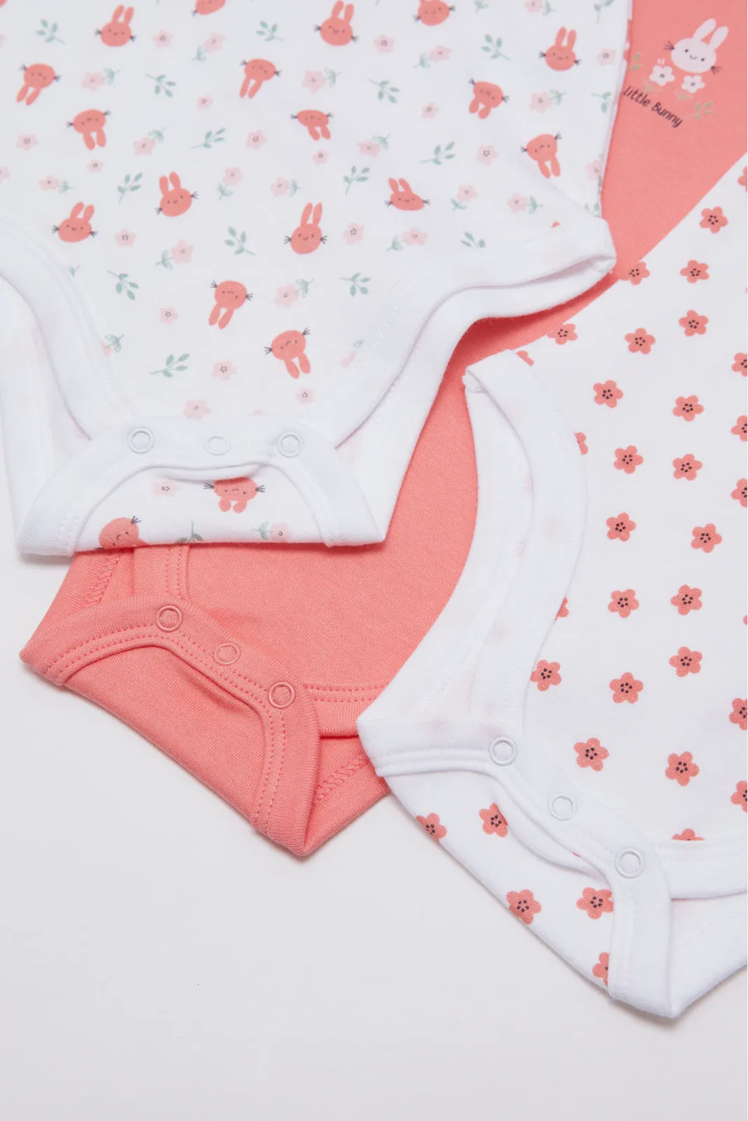 Baby White And Coral Printed Bodysuit Set (Pack Of 3)