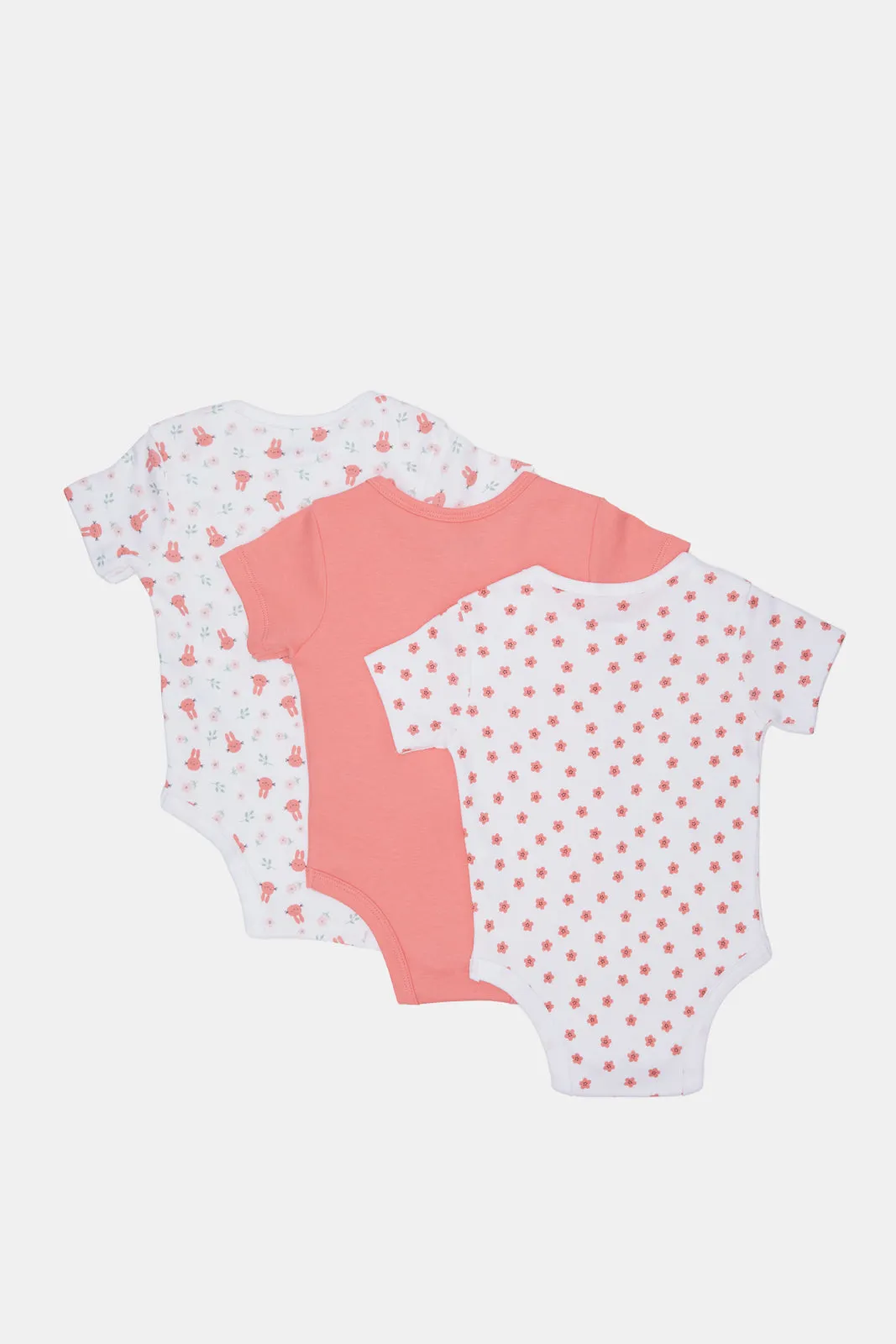 Baby White And Coral Printed Bodysuit Set (Pack Of 3)