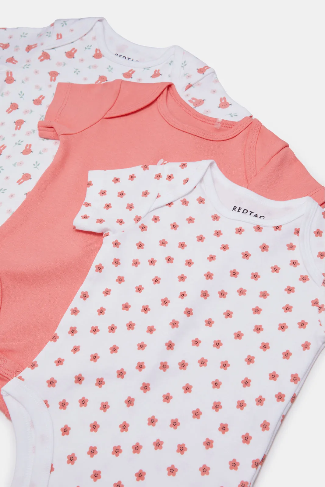 Baby White And Coral Printed Bodysuit Set (Pack Of 3)