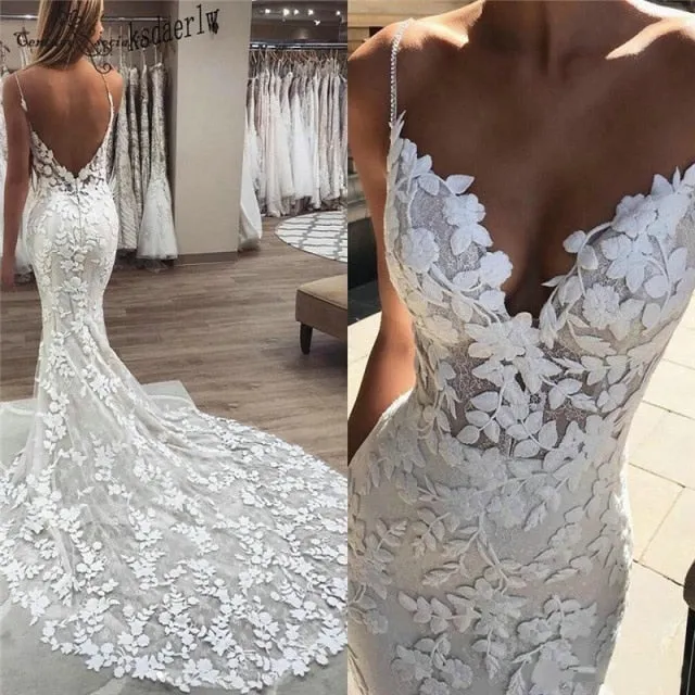 Backless Lace Beach Boho Mermaid Wedding Day Bridal Gown