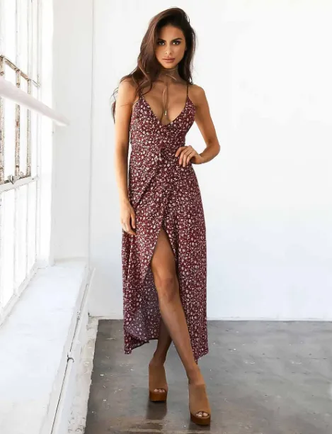 BerryBetty - Bohemia V-Neck Spaghetti Strap Floral Print Ethnic Autumn Beach Boho Long Dress