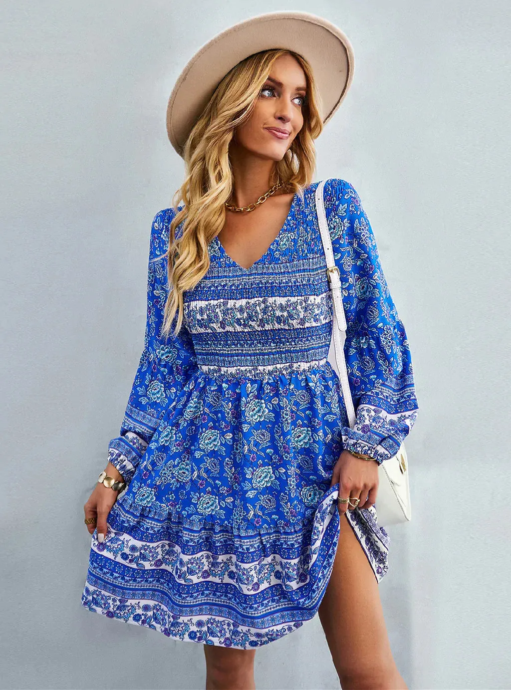 BerryBetty - Bohemian Casual Long Sleeve Print Dress