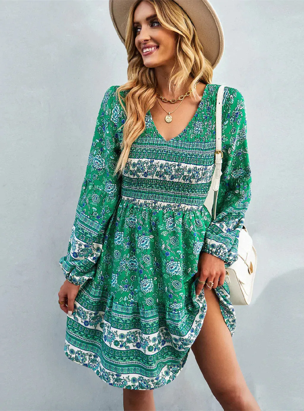 BerryBetty - Bohemian Casual Long Sleeve Print Dress