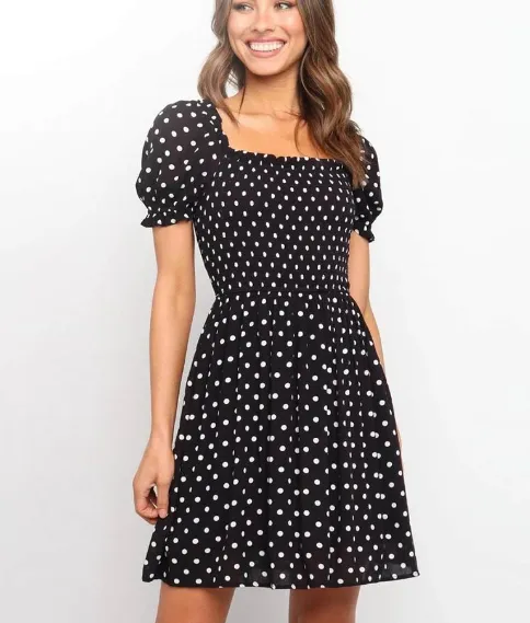 BerryBetty - Boho Dot Printed Mini Dress Women Squared Collar Holiday A Line Short Puff Sleeve Beach Dress