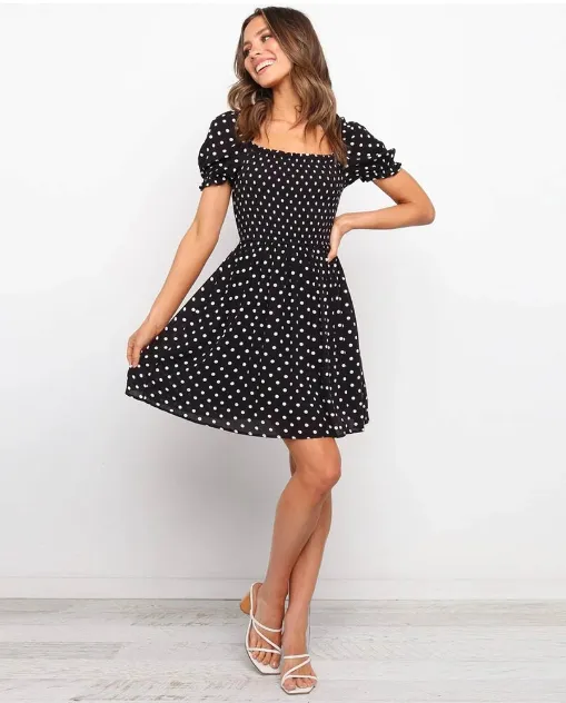 BerryBetty - Boho Dot Printed Mini Dress Women Squared Collar Holiday A Line Short Puff Sleeve Beach Dress