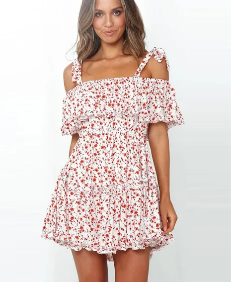 BerryBetty - Boho Printed Mini Dress Women Slash Neck Holiday Beach Dresses A Line Short Sleeve Ruffle Dress