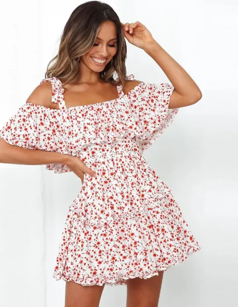 BerryBetty - Boho Printed Mini Dress Women Slash Neck Holiday Beach Dresses A Line Short Sleeve Ruffle Dress