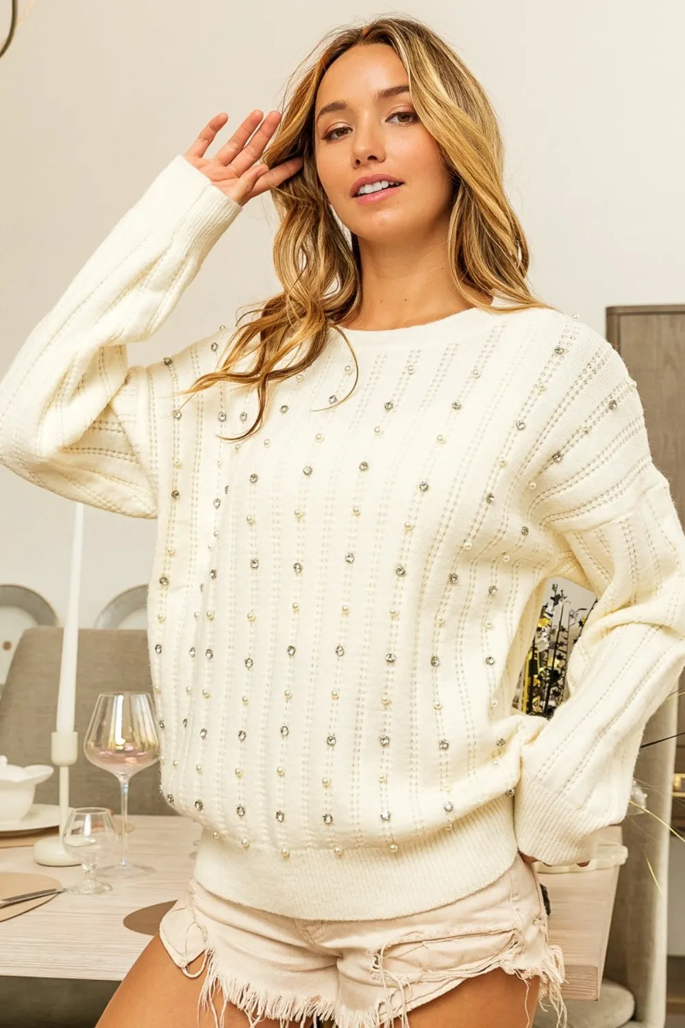 Bibi Pearl & Rhinestone Decor Long Sleeve Sweater