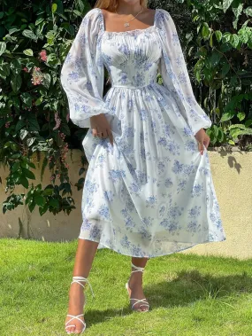 Blue Floral Lantern Sleeve Pleated Dress