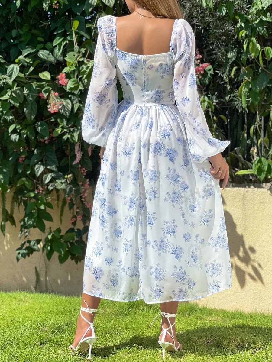 Blue Floral Lantern Sleeve Pleated Dress