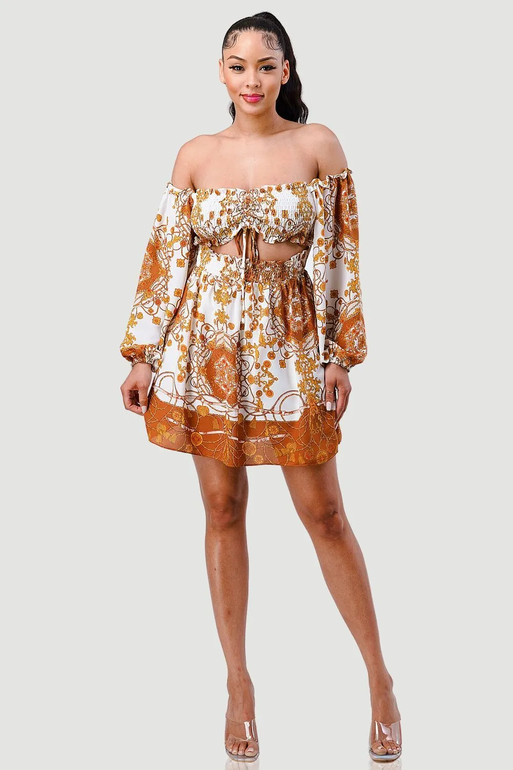 BOHEMIAN PRINT SMOCKED WESTERN STYLE MINI DRESS