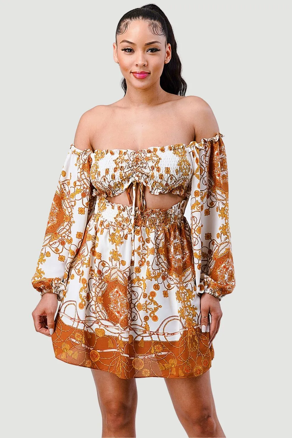 BOHEMIAN PRINT SMOCKED WESTERN STYLE MINI DRESS