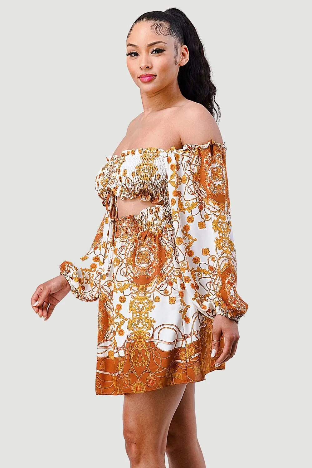 BOHEMIAN PRINT SMOCKED WESTERN STYLE MINI DRESS