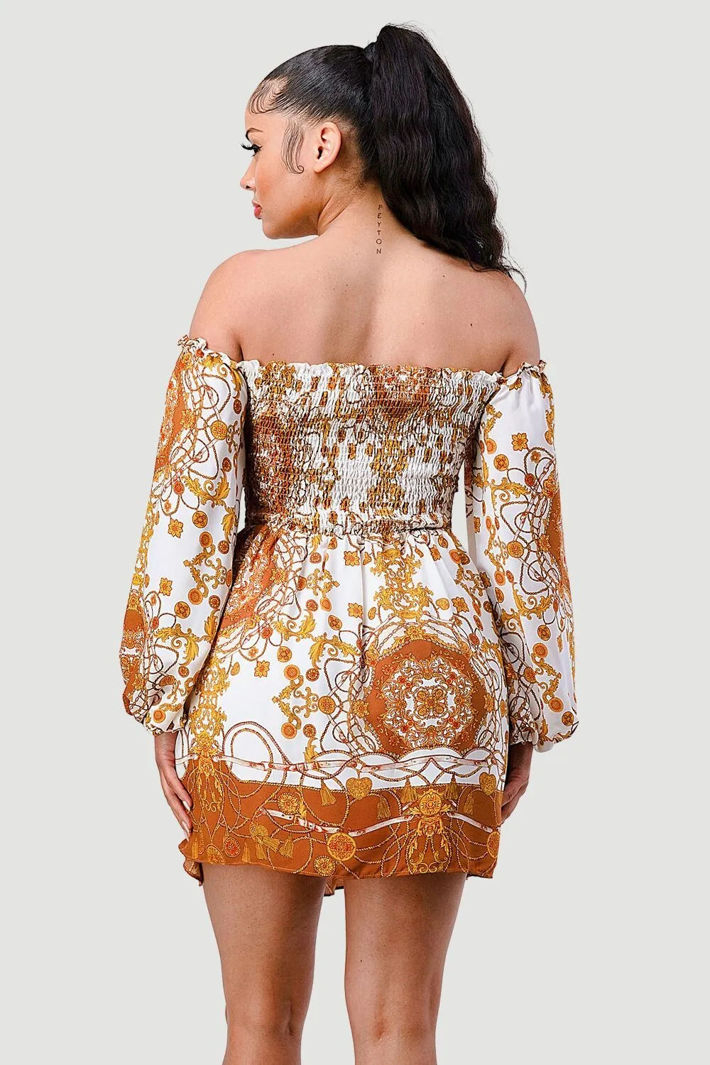 BOHEMIAN PRINT SMOCKED WESTERN STYLE MINI DRESS