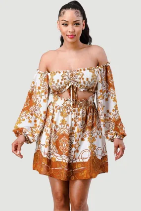 BOHEMIAN PRINT SMOCKED WESTERN STYLE MINI DRESS