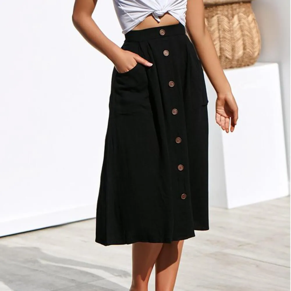 Casual Loose High Waist Buttons Midi Dress