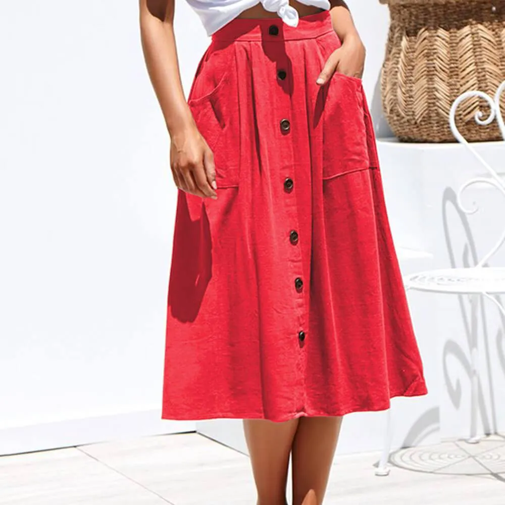 Casual Loose High Waist Buttons Midi Dress