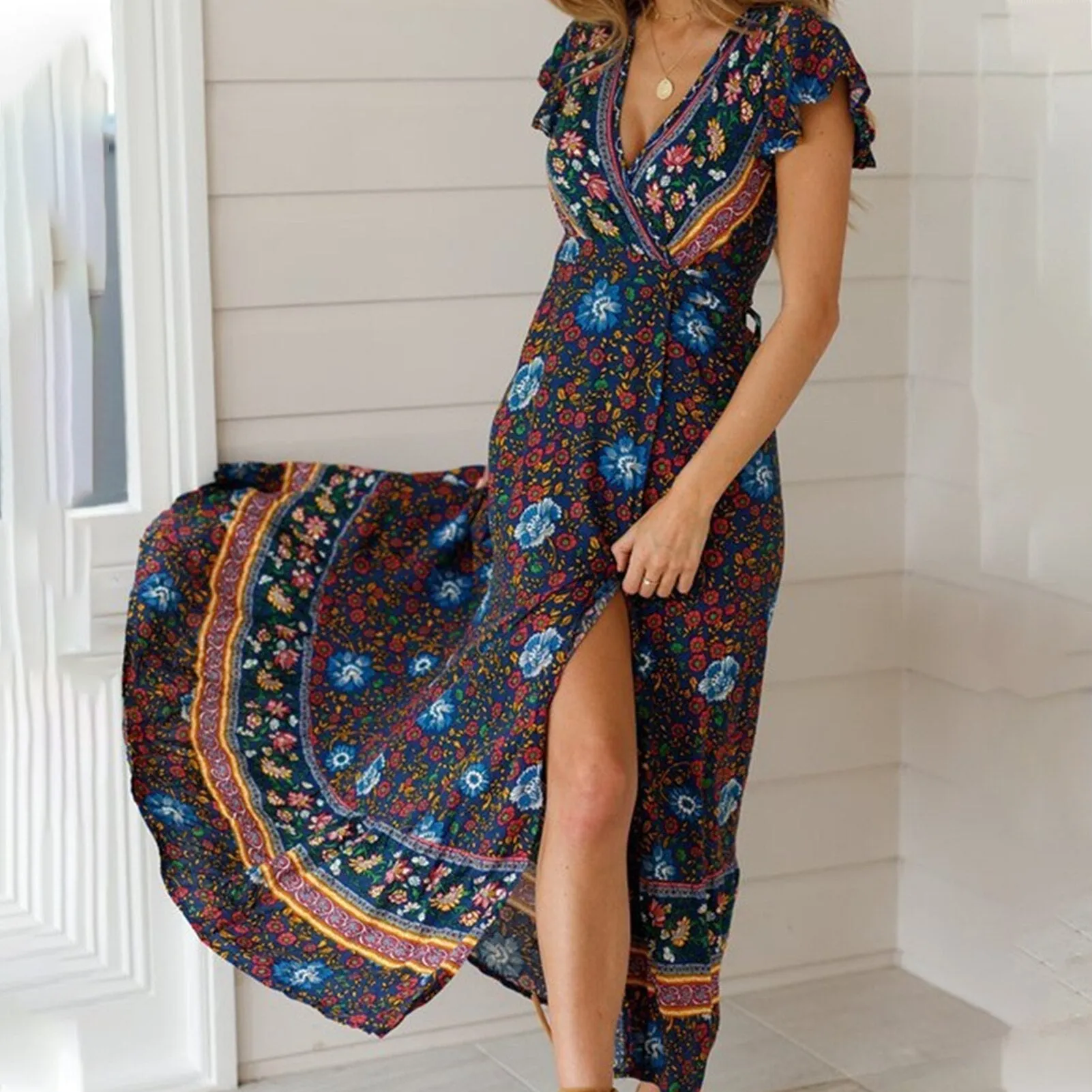 Casual V-Neck Bohemian Printed Boho Dress