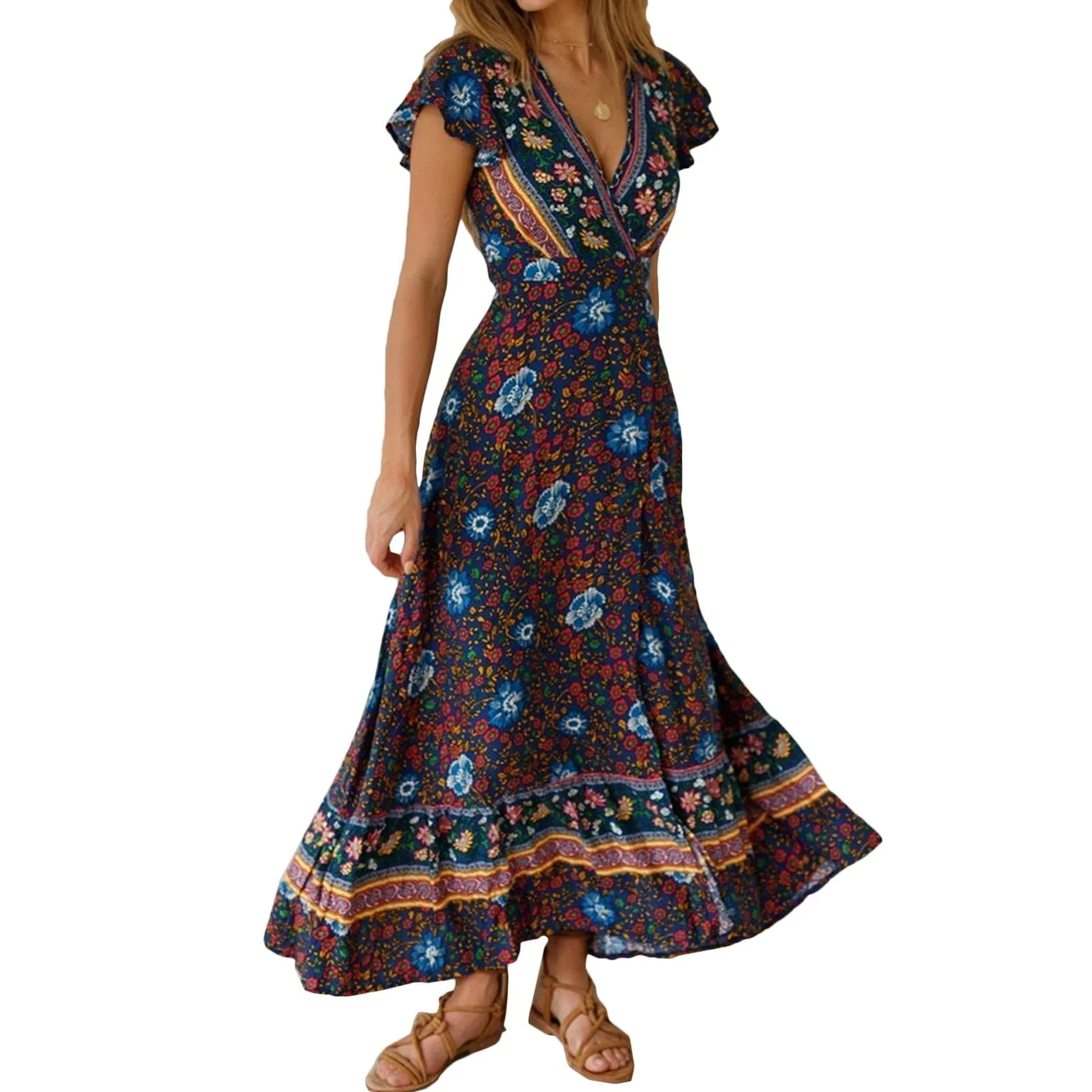 Casual V-Neck Bohemian Printed Boho Dress