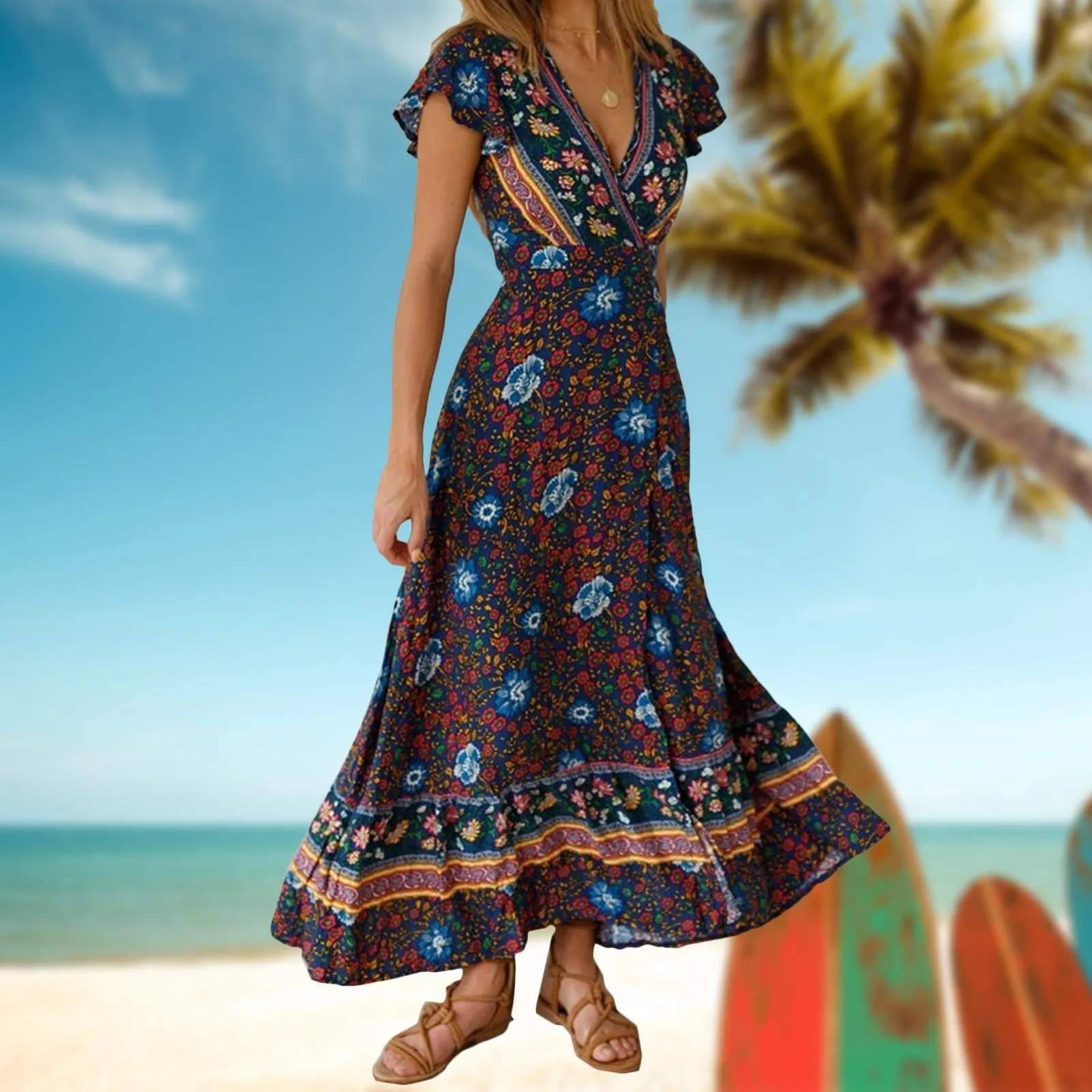 Casual V-Neck Bohemian Printed Boho Dress