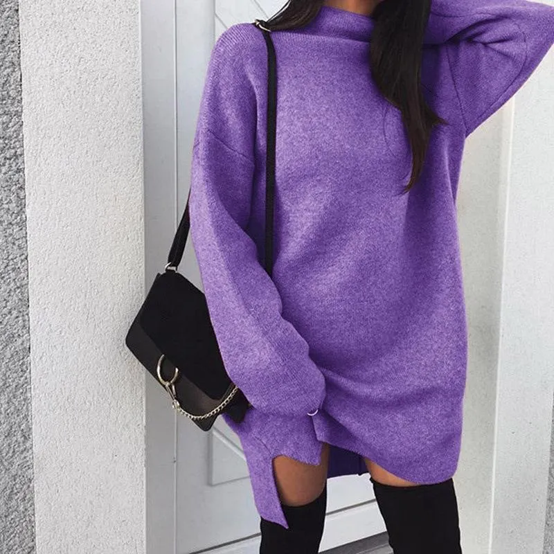 Clearance High Neck Solid Color Split Long Loose Women Pullover Sweater