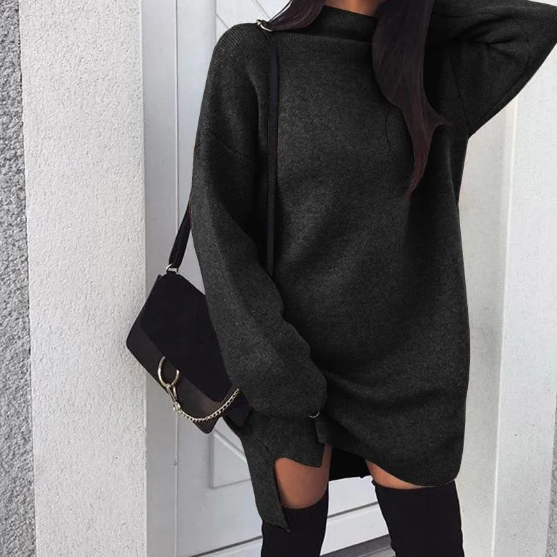 Clearance High Neck Solid Color Split Long Loose Women Pullover Sweater