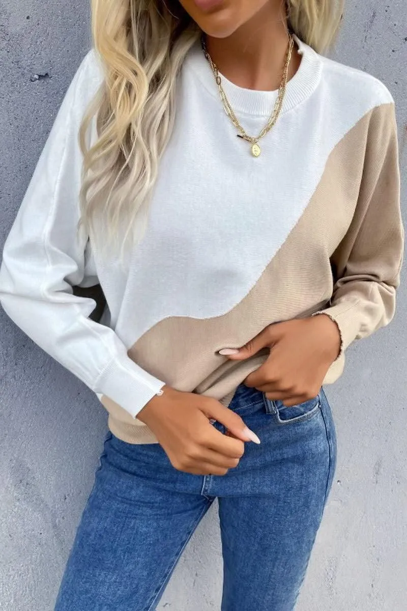 COLOR BLOCKING ROUND NECK KNIT TOP