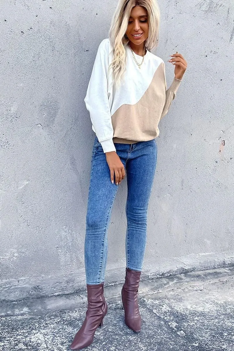 COLOR BLOCKING ROUND NECK KNIT TOP