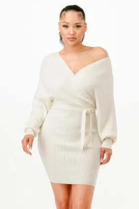 Cream Off Shoulder Wrap Belted Ribbed Sweather Dress